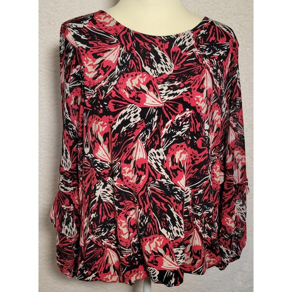 Alfani Blouse Size Large Floral Sleeve Long Sleeve Red Black Back Zipper 0777 - Picture 1 of 7